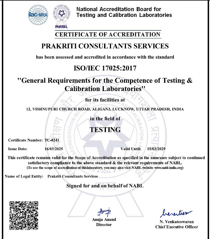NABL certificate of accreditation, Prakriti Consultants Services, Lucknow, ISO/IEC 17025:2017