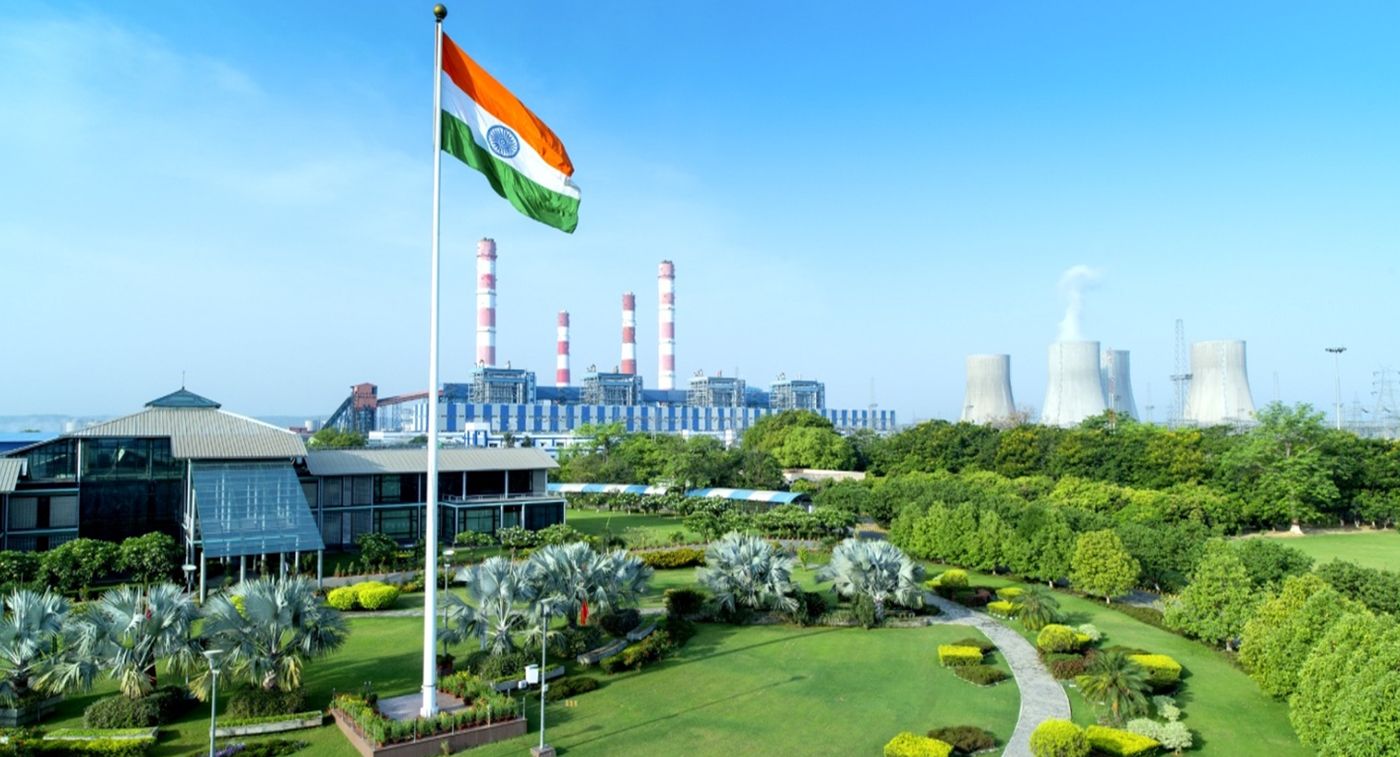 Thermal power plant with landscaped green belt and the Indian flag
