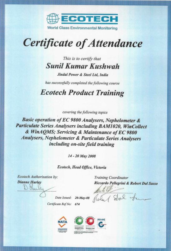 Certificate of Attendance: Ecotech product training on EC 9800 analysers, BAM 1020 and WinAQMS