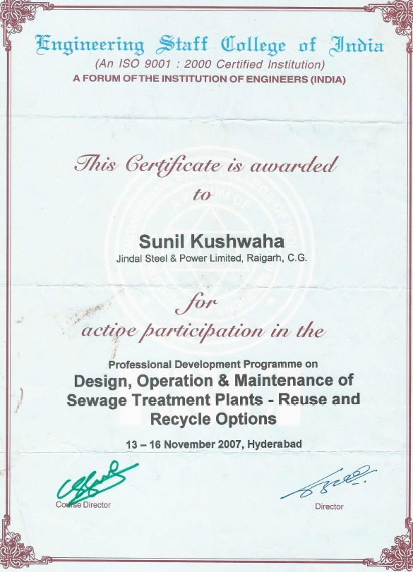 Certificate: Design, Operation and Maintenance of Sewage Treatment Plants, Reuse and Recycle Options
